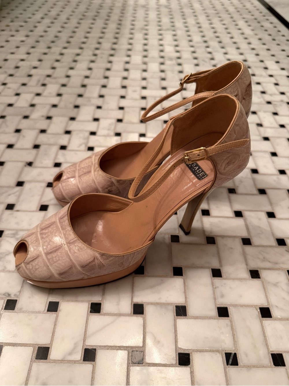 Casadei Blush Croc-Embossed Peep-Toe Ankle-Strap Heels